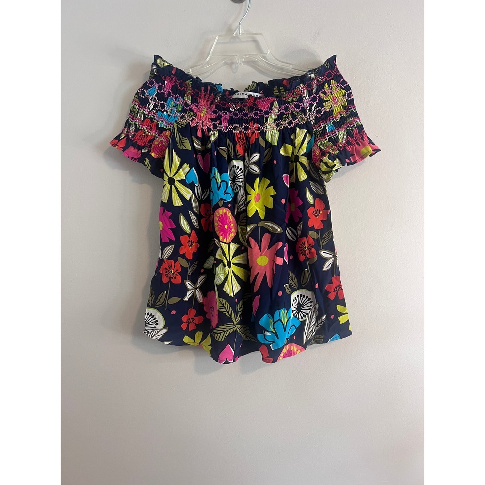 Trina Turk Silk Off Shoulder Floral Smocked Blouse Navy Blue Pink Green Size M